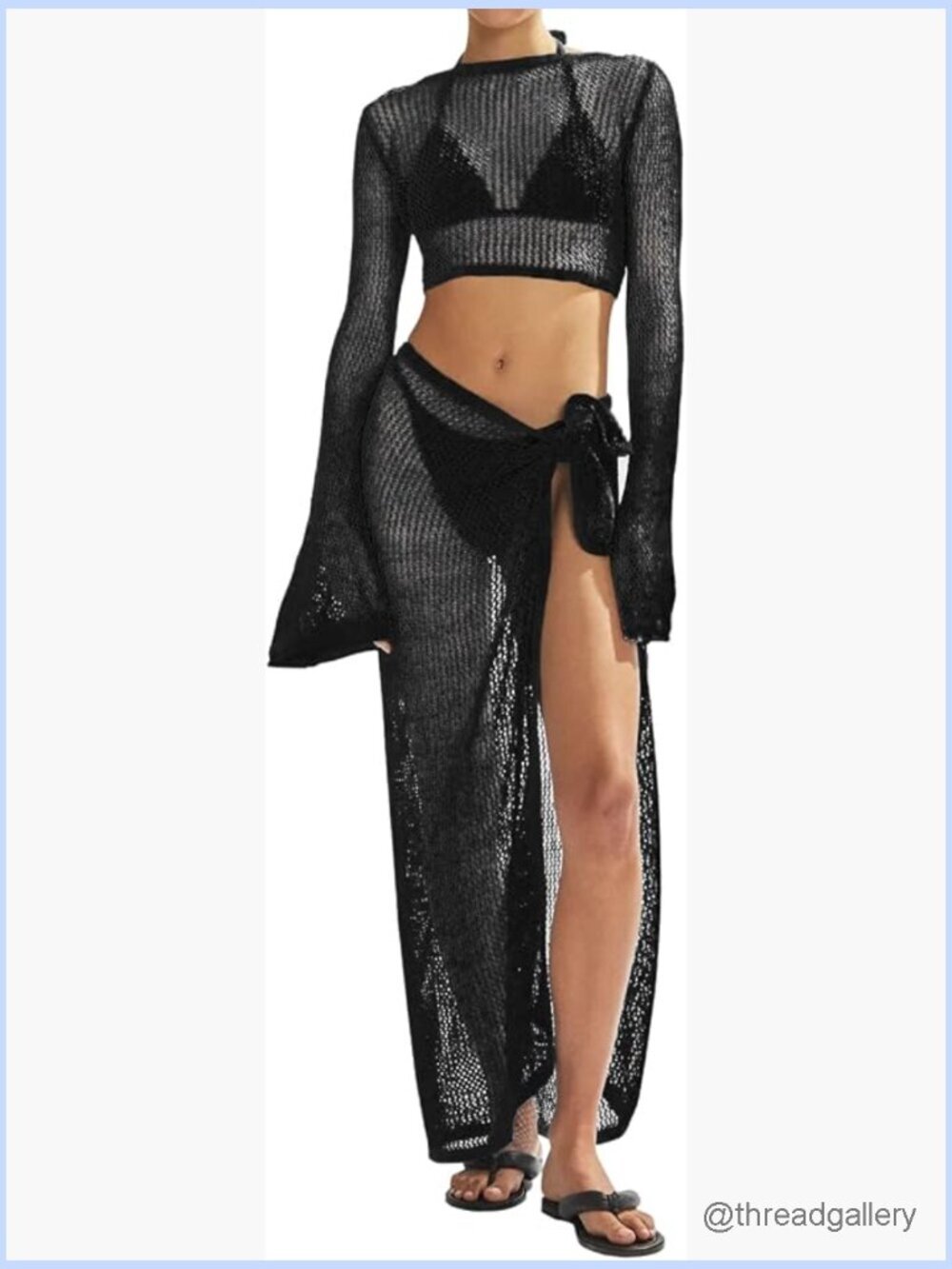 Crochet 2 Piece Bikini Cover Up Set Long Sleeve V Neck Hollow Out Swimwear Beach